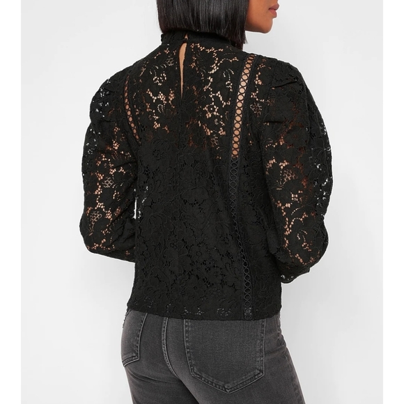 Express Black Lace Puff Sleeve Top - Picture 2 of 4
